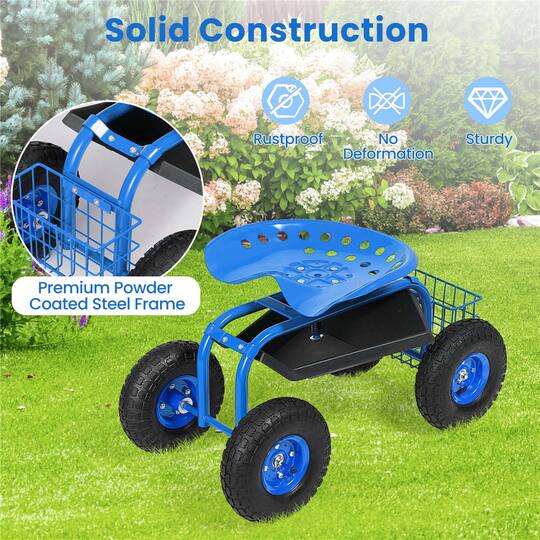 Costway Blue & Black Heavy Duty Garden Cart Rolling Work Seat Garden Planting with Tool Tray